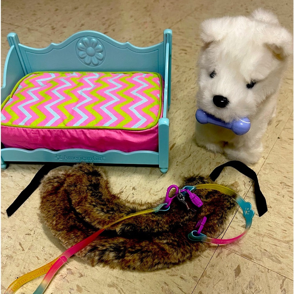 American Girl dog, bed & leash